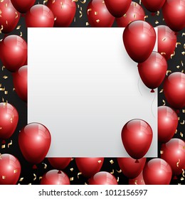 Beautiful red balloons randomly flying over white frame. Party elegant vector background with space for text. Vector white frame, confetti, ballons.