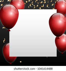 Beautiful red balloons randomly flying over white frame. Party elegant vector background with space for text. Vector white frame, confetti, ballons.