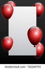 Beautiful red balloons randomly flying over white frame. Party elegant vector background with space for text. Vector white frame, confetti, ballons.