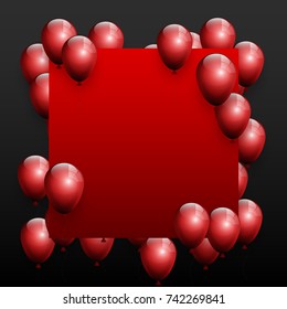 Beautiful red balloons randomly flying over red frame on a black space background. Party elegant vector background with space for text. Vector frame, confetti, ballons.