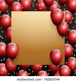 Beautiful red balloons randomly flying over gold frame on a black space background. Party elegant vector background with space for text. Vector golden frame, confetti, ballons.