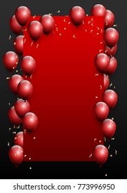 Beautiful red balloons randomly flying over red frame on a black space background. Party elegant vector background with space for text. Vector frame, confetti, ballons.