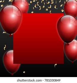 Beautiful red balloons randomly flying over red frame on a black space background. Party elegant vector background with space for text. Vector frame, confetti, ballons.