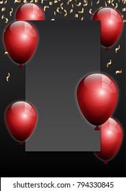 Beautiful red balloons randomly flying over red frame on a black space background. Party elegant vector background with space for text. Vector frame, confetti, balloons.
