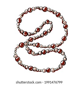 Beautiful red beads, in the form of a necklace with pearls. They lie carelessly on the table. Illustration in the style of fashion sketch by hand.