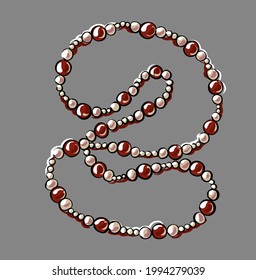 Beautiful red beads, in the form of a necklace with pearls. They lie carelessly on the table. Illustration in the style of fashion sketch by hand.