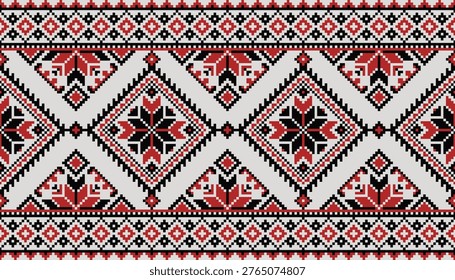 Beautiful Red Black Nordic Pattern. Good Pixel Art Design for Fabric. Grey Seamless Ornament. Diamond Border Vector. Quality Motif. Symmetrical Decor Style.: Beautiful red and black seamless pattern with bold diamond details. This good pixel art design on grey background works for products like winter apparel or graphic decor. Unique folk ornament is easy to use for decoration. Classic symmetrical motif with elegant Nordic style. Good quality vector for every project. Professional look.