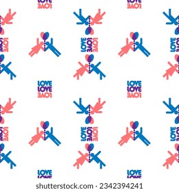 Beautiful red blue color of love , relationship of boy girl with geometric shape seamless patterns in trendy risograph. love text, white isolate background, vector illustration.