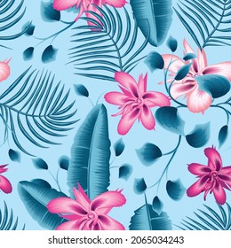 Beautiful red and blue exotic tropical abstract flowers with blue palm leaves and banana leaf seamless vector pattern. colorful Beach summer trendy. fashionable print texture