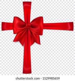 Beautiful red bow with crosswise ribbons with shadow on transparent background