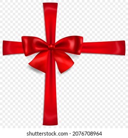 Beautiful red bow with crosswise ribbons with shadow, isolated on transparent background. Transparency only in vector format