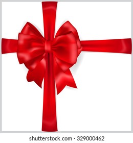 Beautiful red bow with crosswise ribbons and shadow