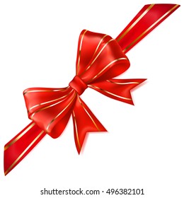 Beautiful red bow with diagonal ribbon and golden strips