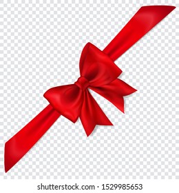 Beautiful red bow with diagonally ribbon with shadow on transparent background