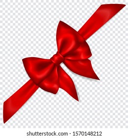 Beautiful red bow with diagonally ribbon with shadow on transparent background. Transparency only in vector format