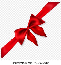 Beautiful red bow with diagonally ribbon with shadow, isolated on transparent background. Transparency only in vector format