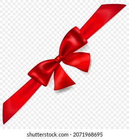 Beautiful red bow with diagonally ribbon with shadow, isolated on transparent background. Transparency only in vector format