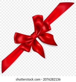 Beautiful red bow with diagonally ribbon with shadow, isolated on transparent background. Transparency only in vector format