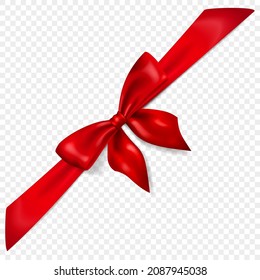 Beautiful red bow with diagonally ribbon with shadow, isolated on transparent background. Transparency only in vector format