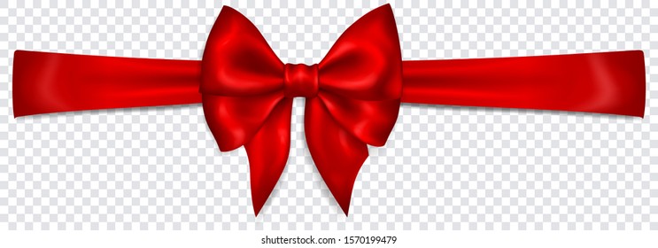 Beautiful red bow with horizontal ribbon with shadow on transparent background. Transparency only in vector format