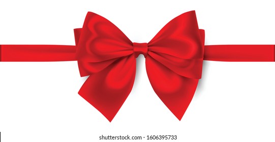 Beautiful red bow with horizontal red ribbon isolated on white background. Vector holiday decoration