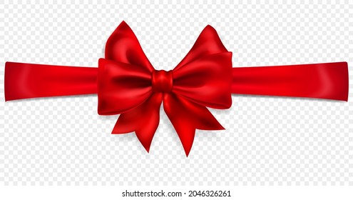 Beautiful red bow with horizontal ribbon with shadow, isolated on transparent background. Transparency only in vector format