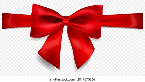 Beautiful red bow with horizontal ribbon with shadow, isolated on transparent background. Transparency only in vector format