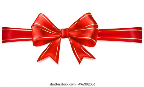 Beautiful red bow with horizontal ribbon and golden strips
