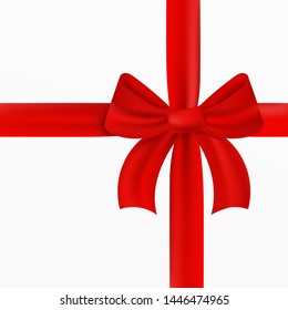 Beautiful red bow isolated on white grey gradient background imitating a gift box. Decorative vector design template.