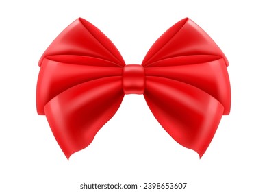 Beautiful red bow made of satin ribbon, isolated on white background. Can be use for decoration gifts, greetings, holidays, for the design of compositions. Realistic 3d vector illustration.