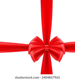 Beautiful red bow made of satin ribbon, isolated on white background. Can be use for decoration gifts, greetings, holidays, for the design of compositions. Realistic 3d vector illustration.