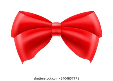 Beautiful red bow made of satin ribbon, isolated on white background. Can be use for decoration gifts, greetings, holidays, for the design of compositions. Realistic 3d vector illustration.