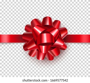 Beautiful red bow from satin tape isolated on transparent background. Realistic decoration for competition or achievement congratulation. Bright bow for diploma design vector illustration.