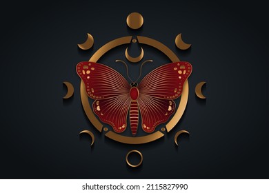 Beautiful red butterfly engraving and Phases of the moon. Wiccan gold luxury symbol, full moon, waning, waxing, first quarter, gibbous, crescent, third quarter Vector logo isolated on black background