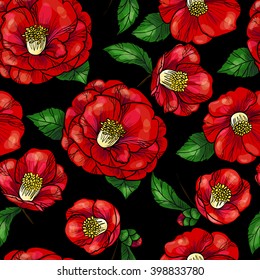 Beautiful red camellia on a black background.Vector seamless pattern