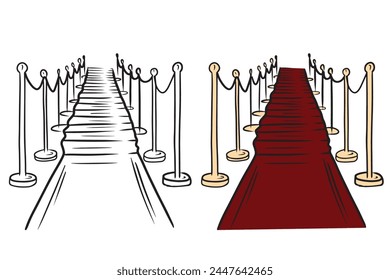 Hermosa alfombra roja en el cine con soportes dorados aislados sobre fondo blanco. Dibujado a mano ilustración de boceto de Vector en estilo de arte de línea grabada doodle. Concepto de festival, estrellas, Hollywood