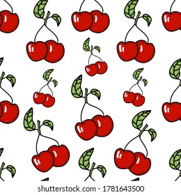 Beautiful red cherry with leaves isolated on white background. Vector seamless pattern in cartoon style.