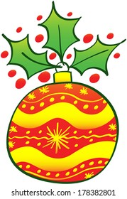 Beautiful red Christmas ball decorated with yellow waves and stars and showing an evergreen holly at top