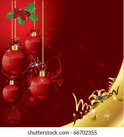 beautiful red christmas ball postcard on red background