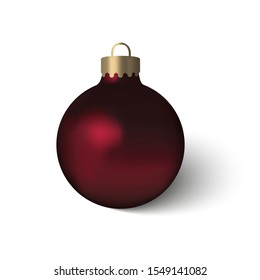 Beautiful red Christmas ball with realistic flame and shadow. 3D mock up of glass Christmas toy isolated on white background. Blank vector template.