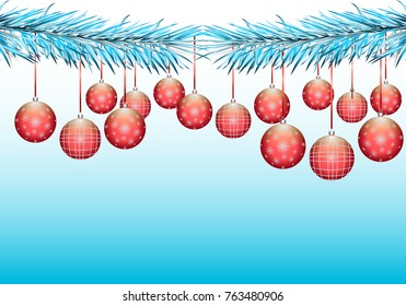 Beautiful red Christmas balls on a pine branch with snow. Vector illustration Christmas background