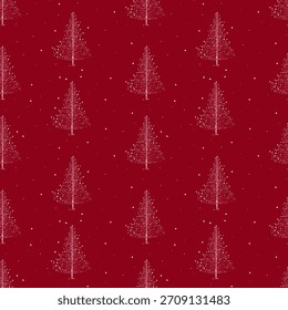 Hermosas Navidades rojas sin patrón con abetos y nieve en el fondo. Patrón de Navidades sin costuras para el diseño y la impresión. Ilustración vectorial de un fondo rojo de Navidades sin fisuras.