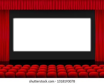 Beautiful red cinema hall with seats facing a white screen between red folded curtain drapes on a black stage vector.
