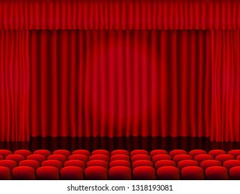 Beautiful red cinema hall with seats facing red folded curtain drapes on a black stage vector.