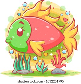 The beautiful red clown fish with the green head of illustration