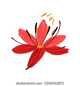 Hermosa flor de color rojo con estambres de polen volantes cerca. Elemento botánico de color claro y simple vectorial para la decoración. Diseño floral.