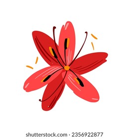 Hermosa flor de color rojo con estambres de polen volantes cerca. Elemento botánico de color claro y simple vectorial para la decoración. Diseño floral.