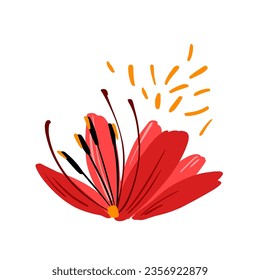 Hermosa flor de color rojo con estambres de polen volantes cerca. Elemento botánico de color claro y simple vectorial para la decoración. Diseño floral.