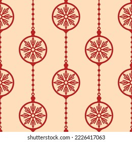 Schöne rote Kontur lineare Weihnachtsbälle und Schneeflocken einzeln auf beigem Hintergrund. Cute monochrome festliche nahtlose Muster. Vektorgrafik, einfache flache Grafik. Textur.