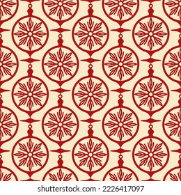 Beautiful red contour linear Christmas balls and snowflakes isolated on a beige background. Cute monochrome festive seamless pattern. Vector simple flat graphic illustration. Texture.